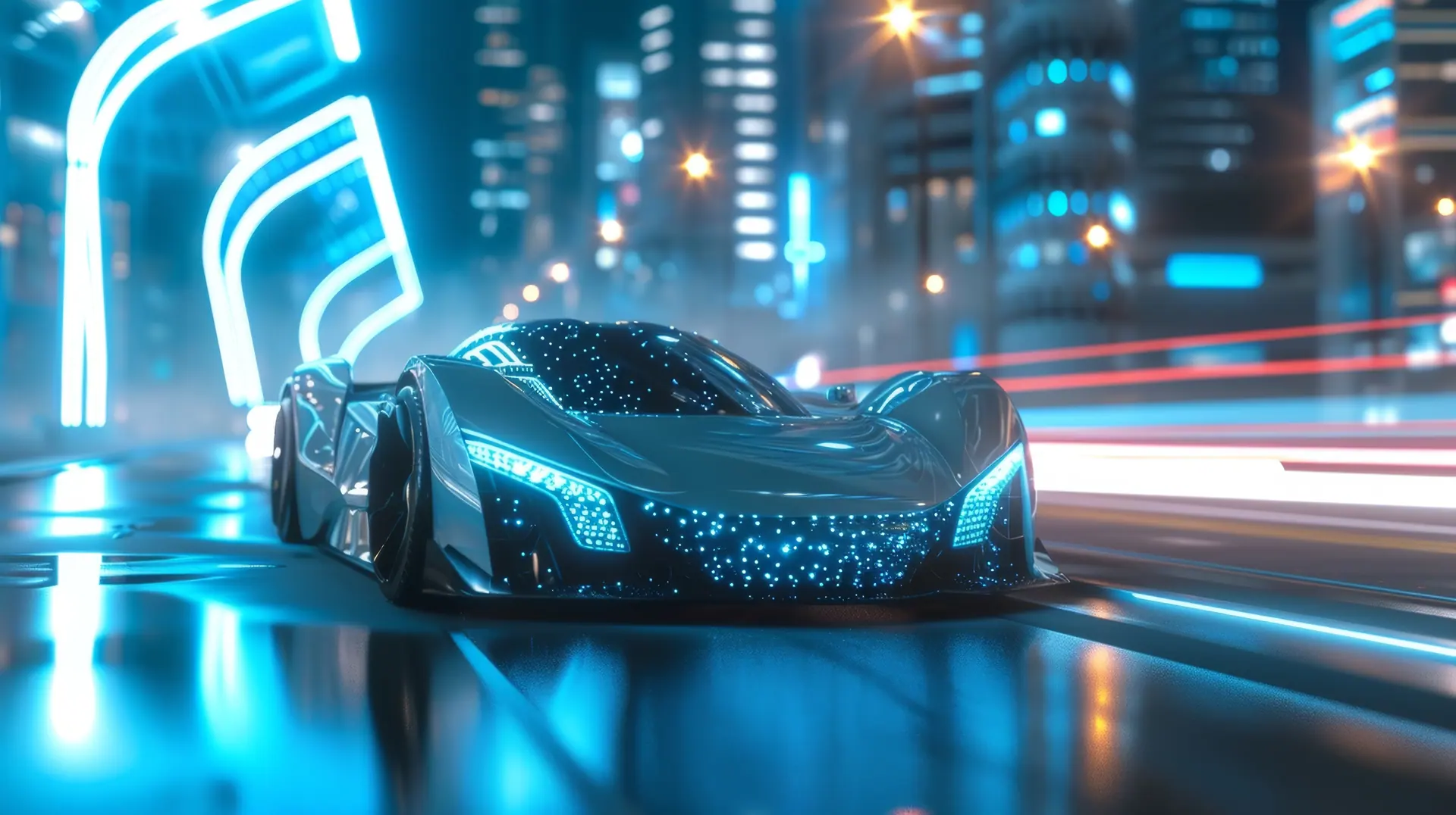 Concept render of a low, wide aero-bodied car on a wet city street at night.