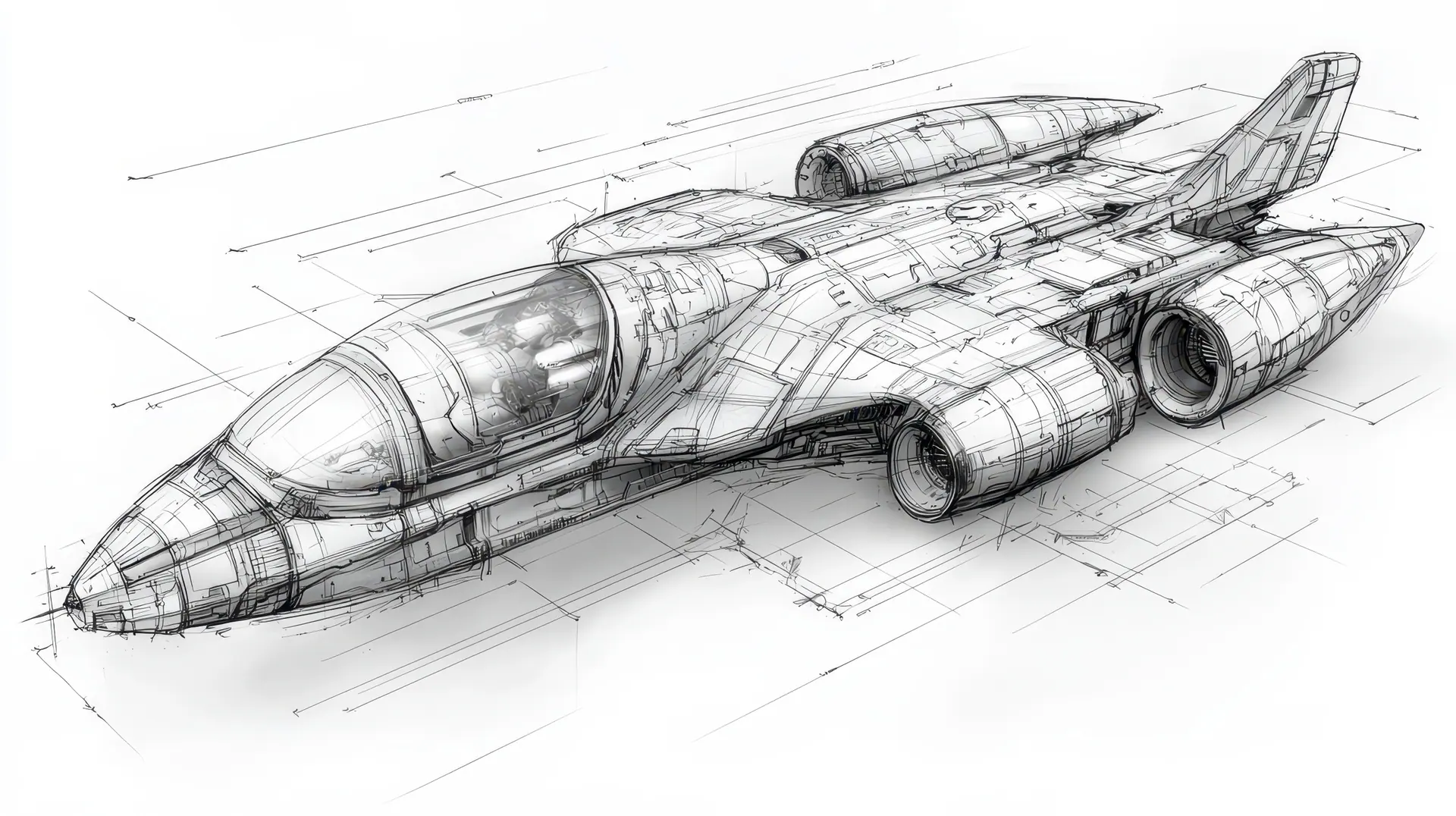 Technical pencil sketch of a jet-like craft, covered in construction and dimension lines.